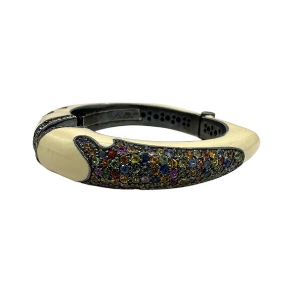 Rina Limor Off White Enamel Bracelet 925 Sterling Silver Clamper Bangle Signed - Picture 2 of 4